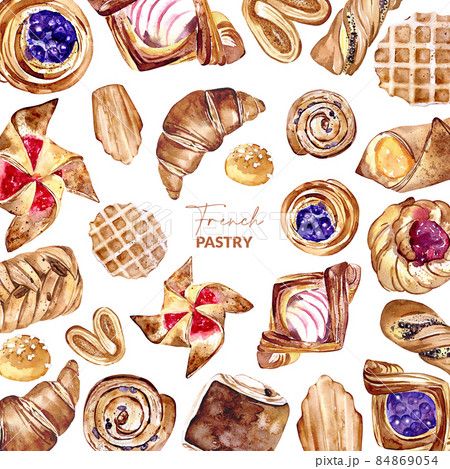 Background with french pastries. Watercolor hand drawn illustration of baked sweet food. Template for card, label, packaging. 84869054