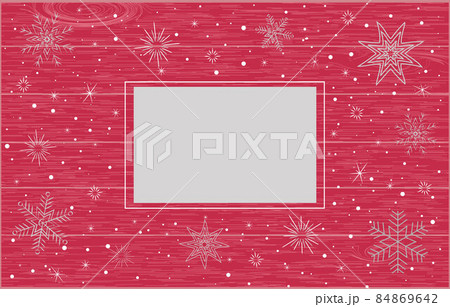 white snowflakes and stars on a red background with a wood texture and a frame for the inscription 84869642