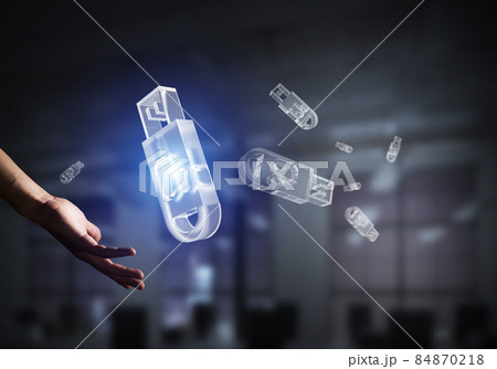 Concept of information storage and security with flash stick icon. Mixed media Concept of information storage and security with flash stick icon. Mixed media 84870218