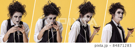 Collage of portraits of artistic woman in costume of famous movie character posing with alcohol drink isolated over yellow background 84871283