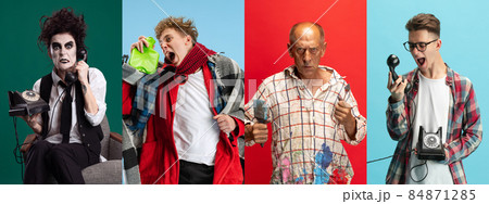Collage of emotive people expressing anger isolated over multicoloed background Collage of emotive people expressing anger isolated over multicoloed background 84871285