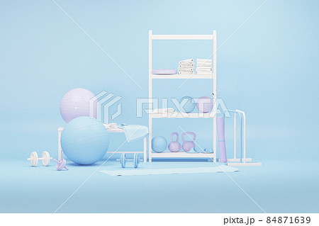 Sport equipment background for healthy lifestyle packaging presentation. Set of sport items on pastel blue and pink background. Trendy 3d render for fitness, female concept, lifting in the gym. Sport equipment background for healthy lifestyle packaging presentation. Set of sport items on pastel blue and pink background. Trendy 3d render for fitness, female concept, lifting in the gym. 84871639