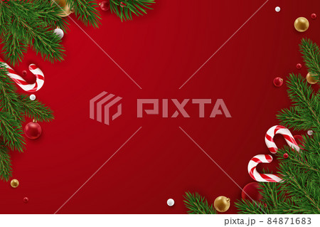Realistic Christmas decor with pine branches, candy canes, golden and red balls. Christmas concept. New year card on red background 84871683
