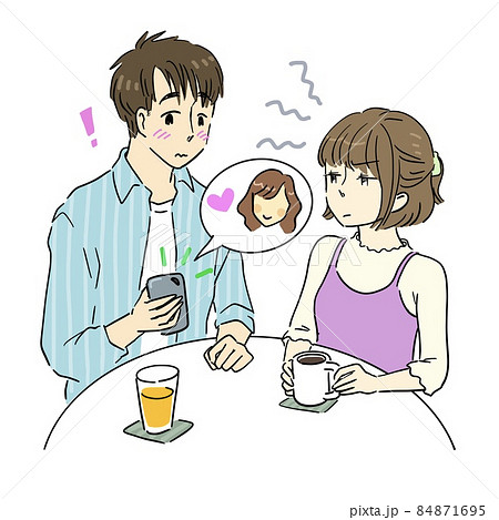 カフェでデート中に携帯を見る彼氏にイライラする彼女のイラスト素材 カフェでデート中に携帯を見る彼氏にイライラする彼女のイラスト素材