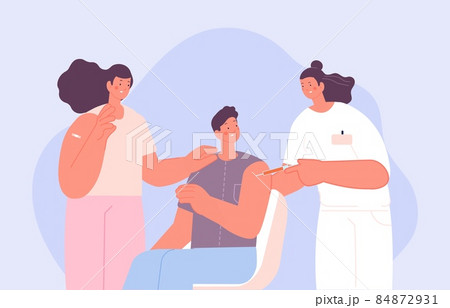 Vaccination. People vaccinated. Couple and nurse, flu vaccine. Medical concept, healthcare and life care vector scene 84872931