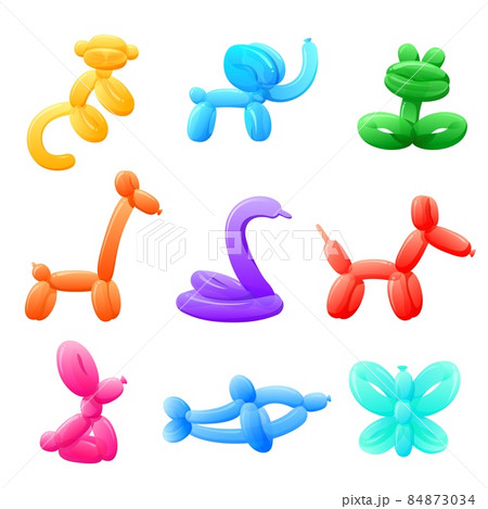 Balloon animals. Bright party balloons, kids birthday entertainment tools. Isolated abstract frog, dog, monkey. Funny cute toy, recent vector collection 84873034
