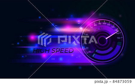 Speedometer background. Speed techno timer, action car speeding. Abstract accelerating blue and pink lines, racing indicator recent vector banner 84873059