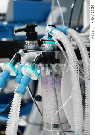 Medical Oxygen Concentrator is ready to use front of the emergency room at the hospital. Medical Device Individual portable oxygen cylinder to put gas for patients with respiratory disorders 84873104