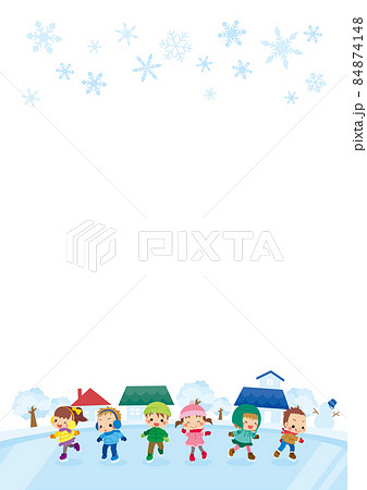 街のスケート場でアイススケートをして遊ぶ可愛い小さな子供たちのイラスト コピースペース 背景のイラスト素材
