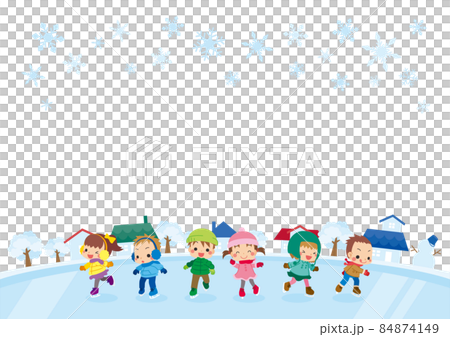 街のスケート場でアイススケートをして遊ぶ可愛い小さな子供たちのイラスト コピースペース 背景のイラスト素材