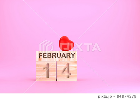 Wooden cube calendar with 14th february date and red heart, Valentime's day concept. Wooden cube calendar with 14th february date and red heart, Valentime's day concept. 84874579