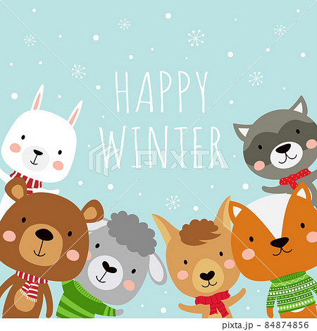winter card with cute cartoon animals, vector illustration 84874856