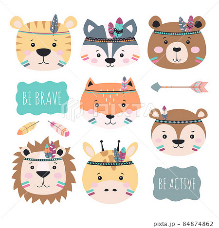 indian tribal animals faces set, vector illustration 84874862