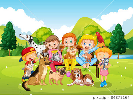 Park scene with children playing with dogs 84875164