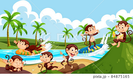 Beach scene with monkeys doing different activities 84875165