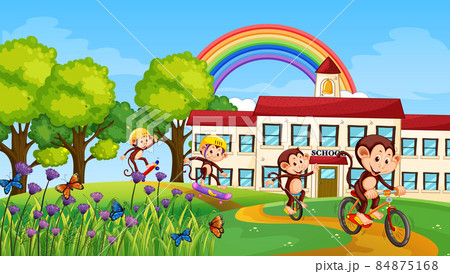 Outdoor school scene with monkeys riding bicycle 84875168