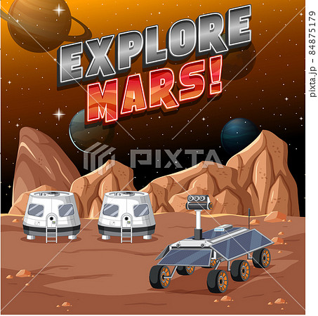 Space station on planet with Explore Mars logo Space station on planet with Explore Mars logo 84875179