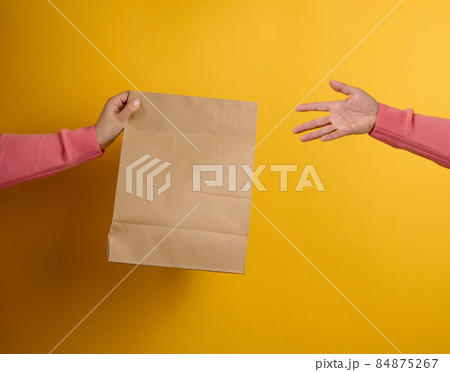 woman holding in hand brown blank craft paper bag for takeaway on yellow background. Packaging template mock up. Delivery service concept 84875267