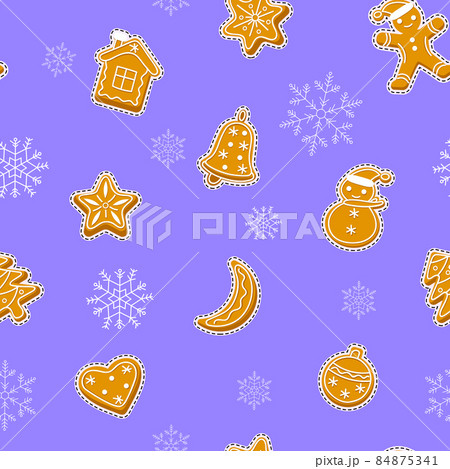 Gingerbread stickers seamless pattern with snowflakes. Festive Christmas background with cookies. 84875341