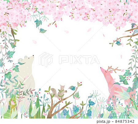 満開の桜の木と森の動物たちの春の北欧風かわいいフレームイラストベクター素材  84875342