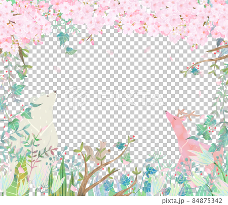 満開の桜の木と森の動物たちの春の北欧風かわいいフレームイラストベクター素材  84875342