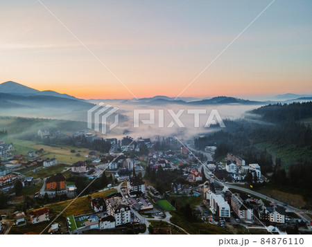 aerial view of bukovel village in ukrainian carpathian mountain range 84876110