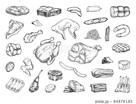 Meat Products Illustrations in Art Ink Style Meat Products Illustrations in Art Ink Style 84876185