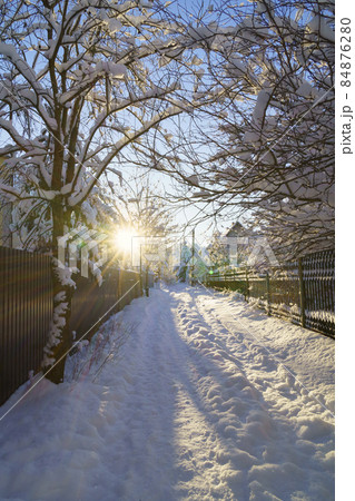 Peaceful sunny frosty winter weekend morning in suburb littered with white snow Peaceful sunny frosty winter weekend morning in suburb littered with white snow 84876280