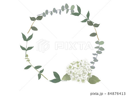 紫陽花の入ったリース 水彩風の手書きのイラスト 植物の緑と白い花のイラスト素材