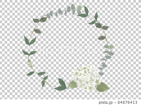 紫陽花の入ったリース 水彩風の手書きのイラスト 植物の緑と白い花のイラスト素材