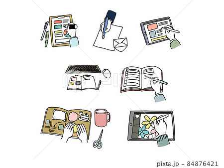ペンを持つ人の手のイラスト　タブレットやスクラップブック、メモや手紙などさまざまなシーンのセット 84876421