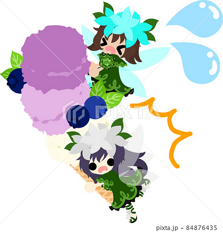 可愛い花の妖精たちとブルーベリーのアイスクリームのイラストのイラスト素材