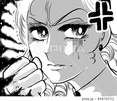 70年代少女漫画裏切りに怒り狂い拳を握る美女の顔ドアップイラスト 84876552