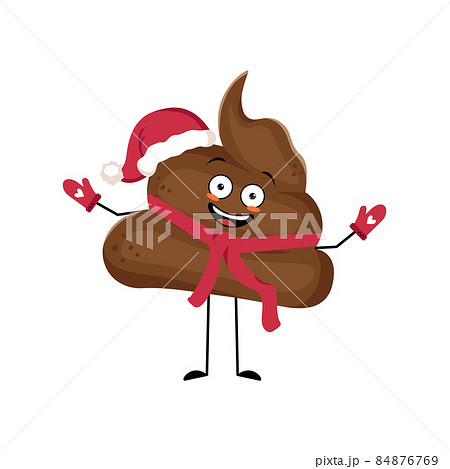 Cute shit Santa character with happy emotion, joyful face, smile eyes, arms and legs with scarf and mittens. Festive turd for New year 84876769