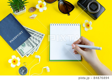 Summer travel planning. Passport, sunglasses, camera and money on a yellow background. Flatlay, place for text. Summer travel planning. Passport, sunglasses, camera and money on a yellow background. Flatlay, place for text. 84876894