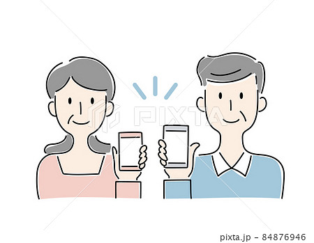 手描き風・スマートフォンの画面を見せる高齢の男女のベクターイラスト 84876946
