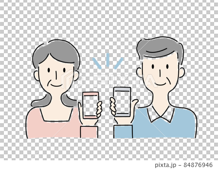 手描き風・スマートフォンの画面を見せる高齢の男女のベクターイラスト 84876946