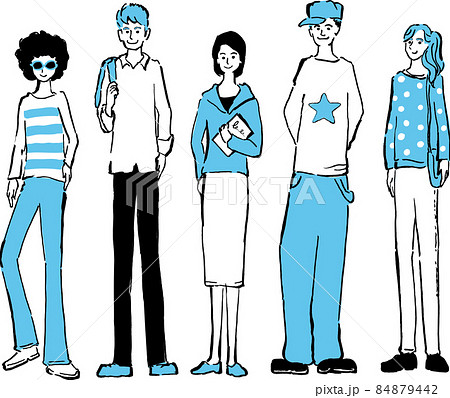 様々な国の若い外国人の手描きイラスト　水色　青 84879442
