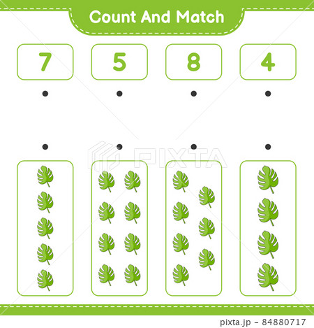 Count and match, count the number of Monstera and match with the right numbers. Educational children game, printable worksheet, vector illustration Count and match, count the number of Monstera and match with the right numbers. Educational children game, printable worksheet, vector illustration 84880717