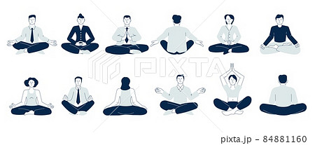Meditation people. Woman balancing, take calm on job. Business characters sitting on lotus pose. Mind health and wellbeing, relaxers recent vector set 84881160