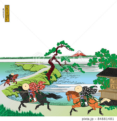 葛飾北斎イメージ隅田川関屋里題名入り明るいバージョン正方形白バックのイラスト素材