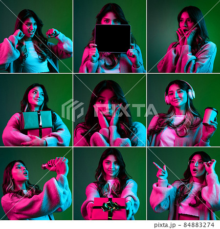 Collage, preset of young girl's portraits with different emotions posing isolated on green studio backgroud in neon pink light. Collage, preset of young girl's portraits with different emotions posing isolated on green studio backgroud in neon pink light. 84883274