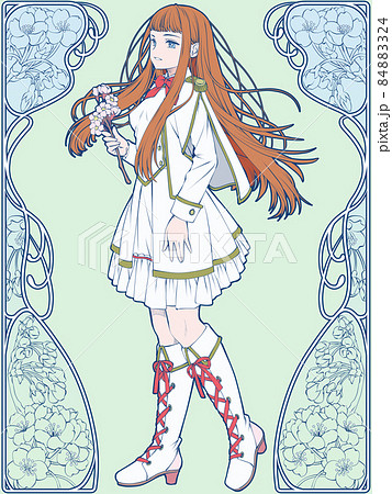 桜の枝を持った軍服風ワンピースの少女と桜の花のアールヌーボー風フレームのイラスト素材 8424
