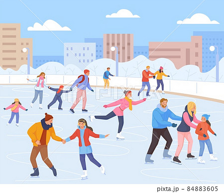 Families skating ice rink. People in winter christmas scene, snow sports, fun fall children, adult couple with kid vacation in outside landscape, family park, swanky vector 84883605