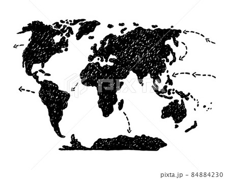 World map with arrows in hand drawn doodle style, black and white vector illustration. 84884230