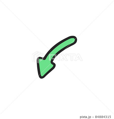 Green arrow doodle vector icon pointing down. Pin map symbol cursor in cute sketch style with black stroke. 84884315