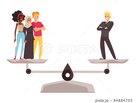 Rich White male have more weight on scale than Black woman, Muslim female and casual young man. 84884703