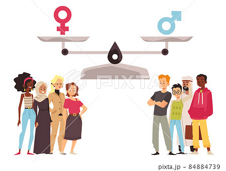 Gender equality with men and women under scale on equal height, flat vector illustration isolated on white. Gender equality with men and women under scale on equal height, flat vector illustration isolated on white. 84884739