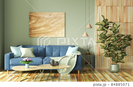 Interior design of modern apartment, blue sofa in living room, green wall, wooden panelling, home design 3d rendering 84885071