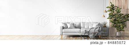 Interior design of living room with white sofa and coffee tables, over white wall with wooden panelling, panorama 3d rendering 84885072